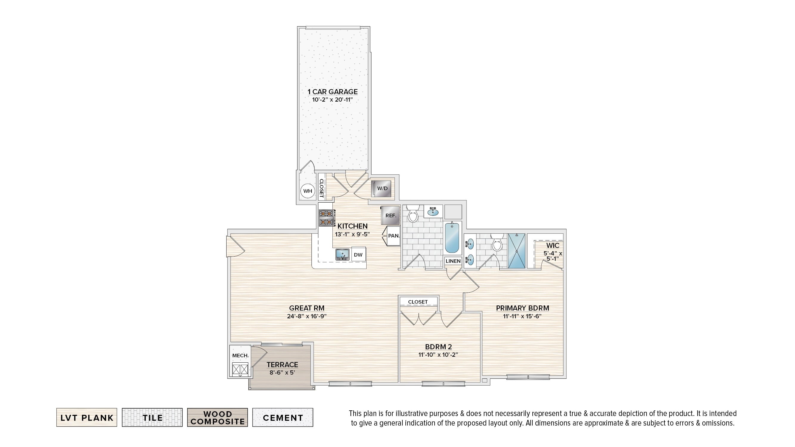 The Augusta (FDG-AI) garage apartment floor plan with 2 bedrooms, 2 baths, a patio/balcony, and a 1-car garage,Entry and modern kitchen with stainless steel appliances and peninsula with quartz countertops and pendant lighting.,Modern kitchen with stainless steel appliances and peninsula with quartz countertops and pendant lighting.,Modern kitchen with stainless steel appliances and peninsula with quartz countertops and pendant lighting.,Modern kitchen with stainless steel appliances including dishwasher, stove, and built-in microwave.,Spacious great room near kitchen with door leading to patio/balcony.,Closet with stacked washer and dryer.,Spacious primary bedroom with vinyl plank flooring and a window.,Primary bedroom walk-in closet with shelving.,Luxurious primary bathroom with oversized walk-in shower with porcelain tile walls and a white toilet.,Luxurious primary bathroom with a dual sink vanity and dark cabinetry.,A room with wooden floors and a window with blinds.,Second bedroom with a spacious closet with two doors.,Second bathroom with a single sink vanity, dark cabinets, and shower/tub combo with porcelain wall tile.,A one-car garage with a white door.,Patio/balcony with a black railing.